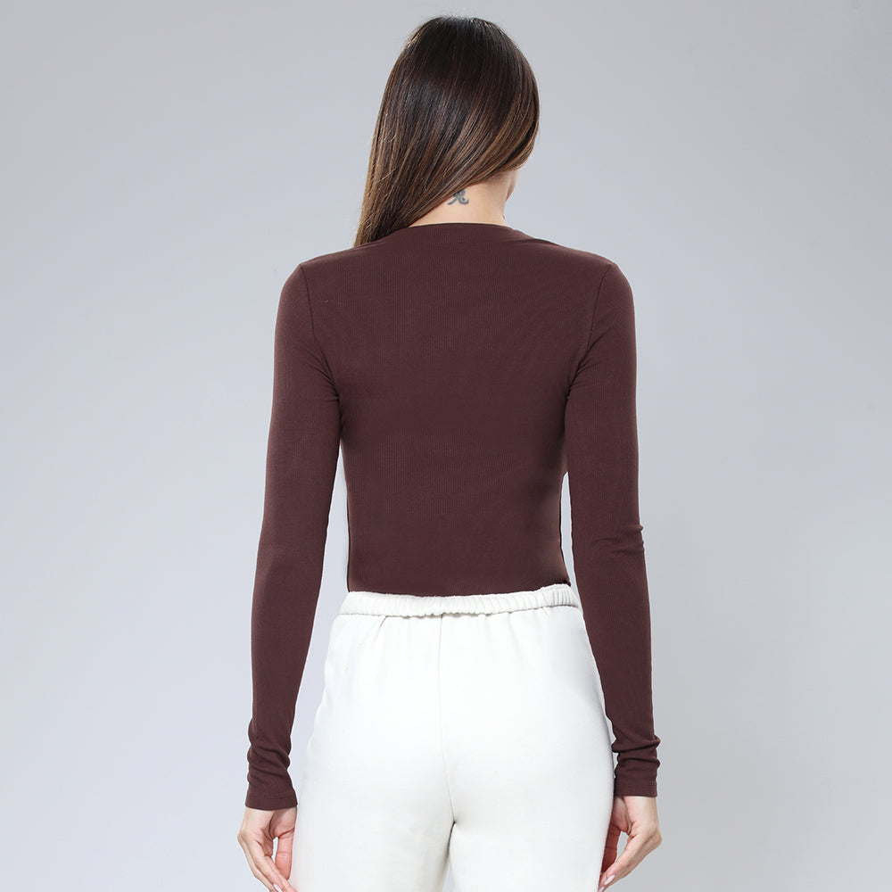 Ribbed Zip-Front Long Sleeve Shirt - Brown