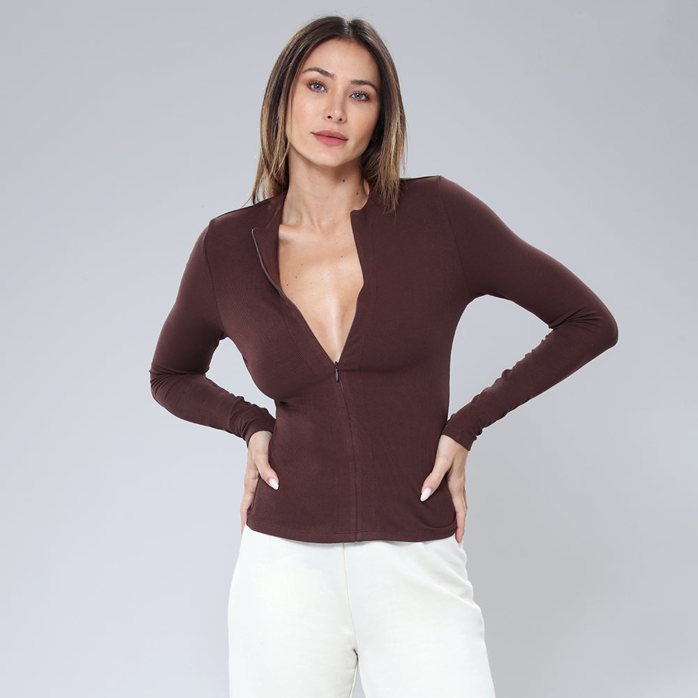 Ribbed Zip-Front Long Sleeve Shirt - Brown