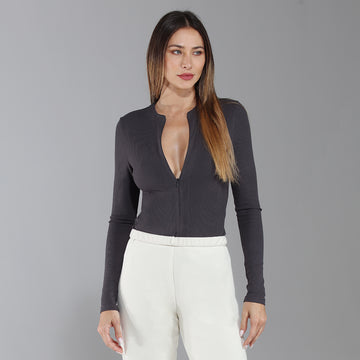 Ribbed Zip-Front Long Sleeve Shirt - Charcoal