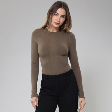 Ribbed Zip-Front Long Sleeve Shirt - Tan