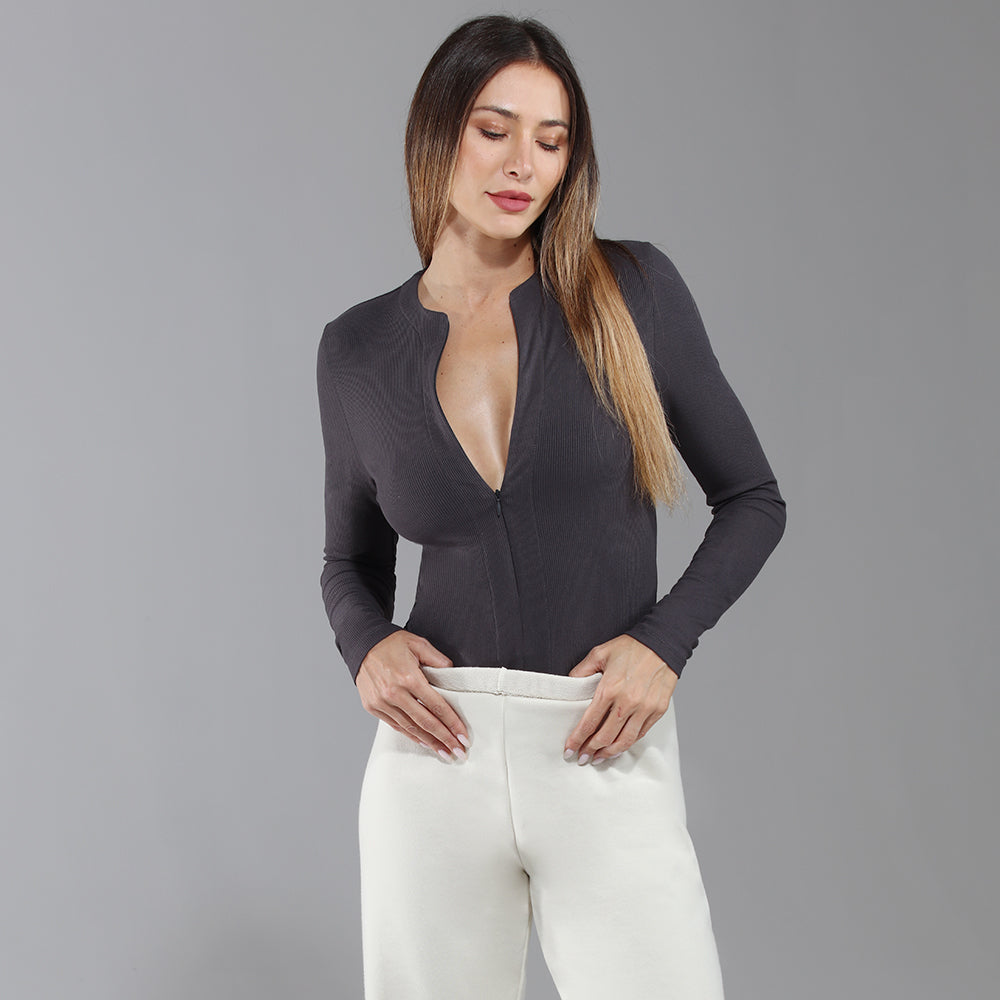 Ribbed Zip-Front Long Sleeve Shirt - Charcoal