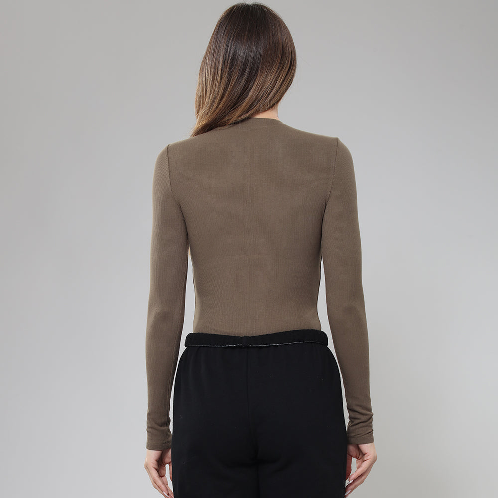 Ribbed Zip-Front Long Sleeve Shirt - Tan