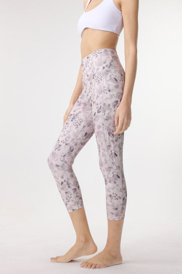 Flower Petals Pattern Print Cropped Yoga Pants With Pocket